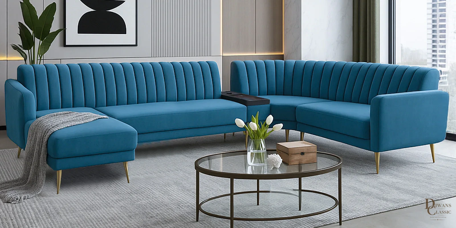 Aqeel Velvet Fabric RHS Corner Sofa With Wireless Charger in Teal Blue Color — Diwans Classic