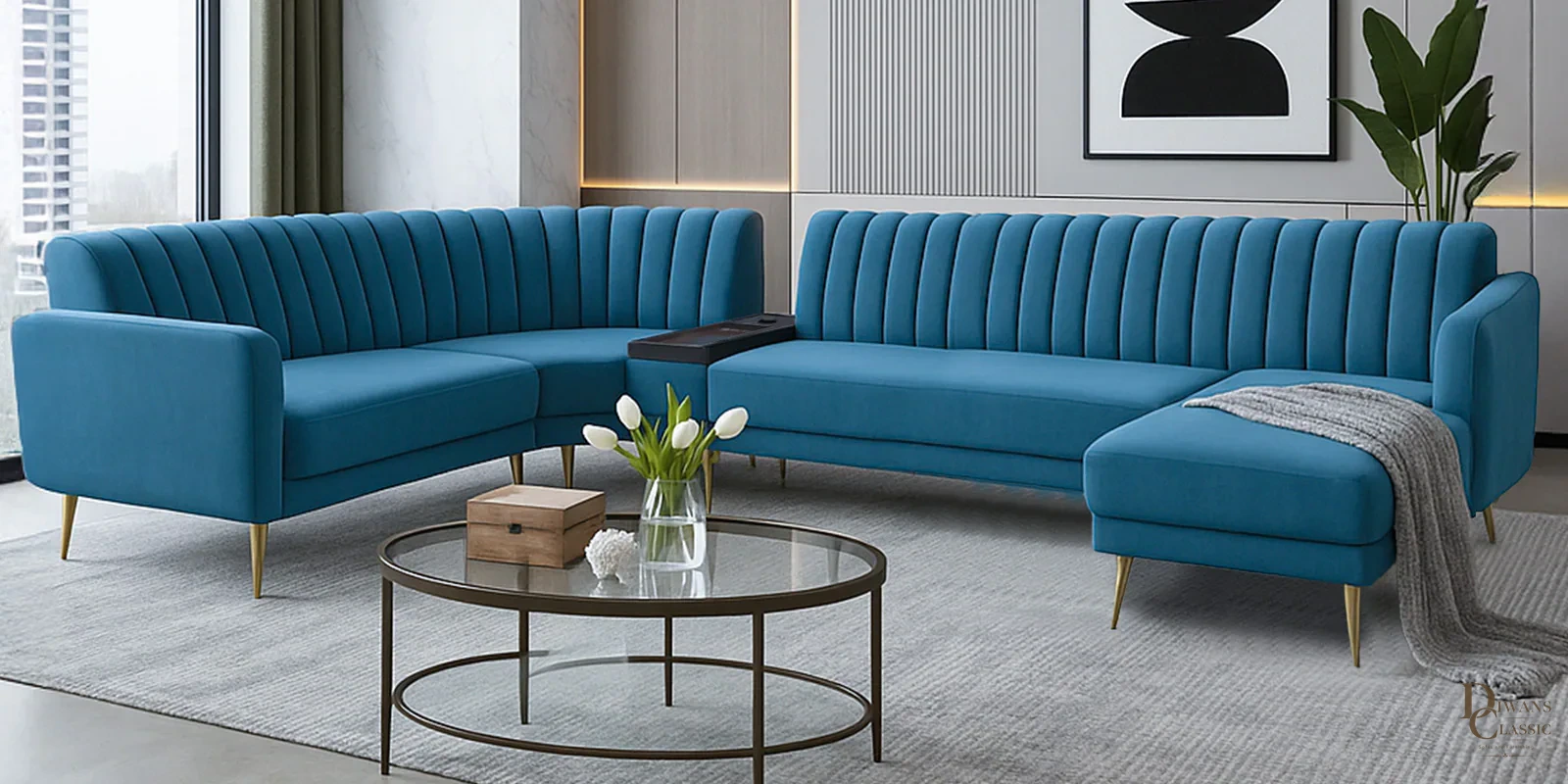 Aqeel Velvet Fabric LHS Corner Sofa With Wireless Charger in Teal Blue Color — Diwans Classic