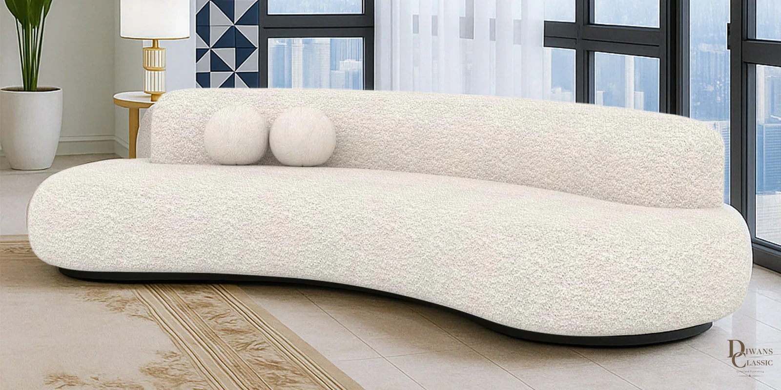 Sindian Boucle Fabric 4 Seater Sofa in Off-White Color — Diwans Classic
