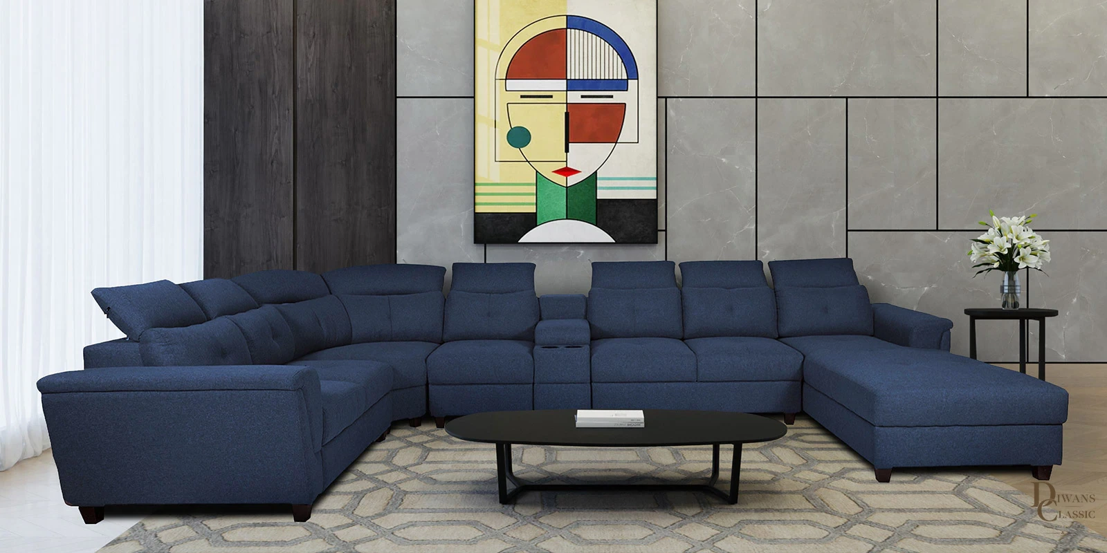 Malika Fabric Corner Sofa in Navy Blue Colour — Diwans Classic
