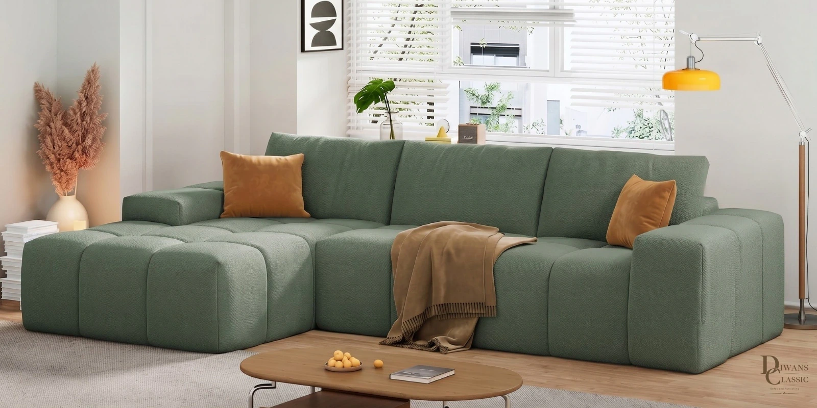 Sahil Premium Sectional Sofa In Frosty Green Color — Diwans Classic