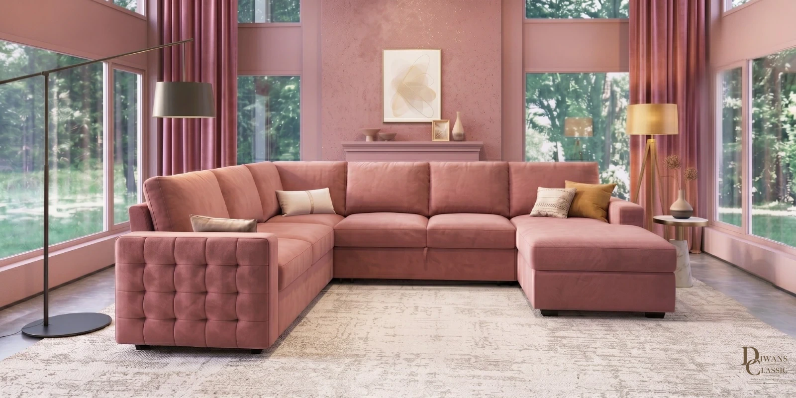 Burj Grande Sectional Sofa In Blush Pink Color — Diwans Classic