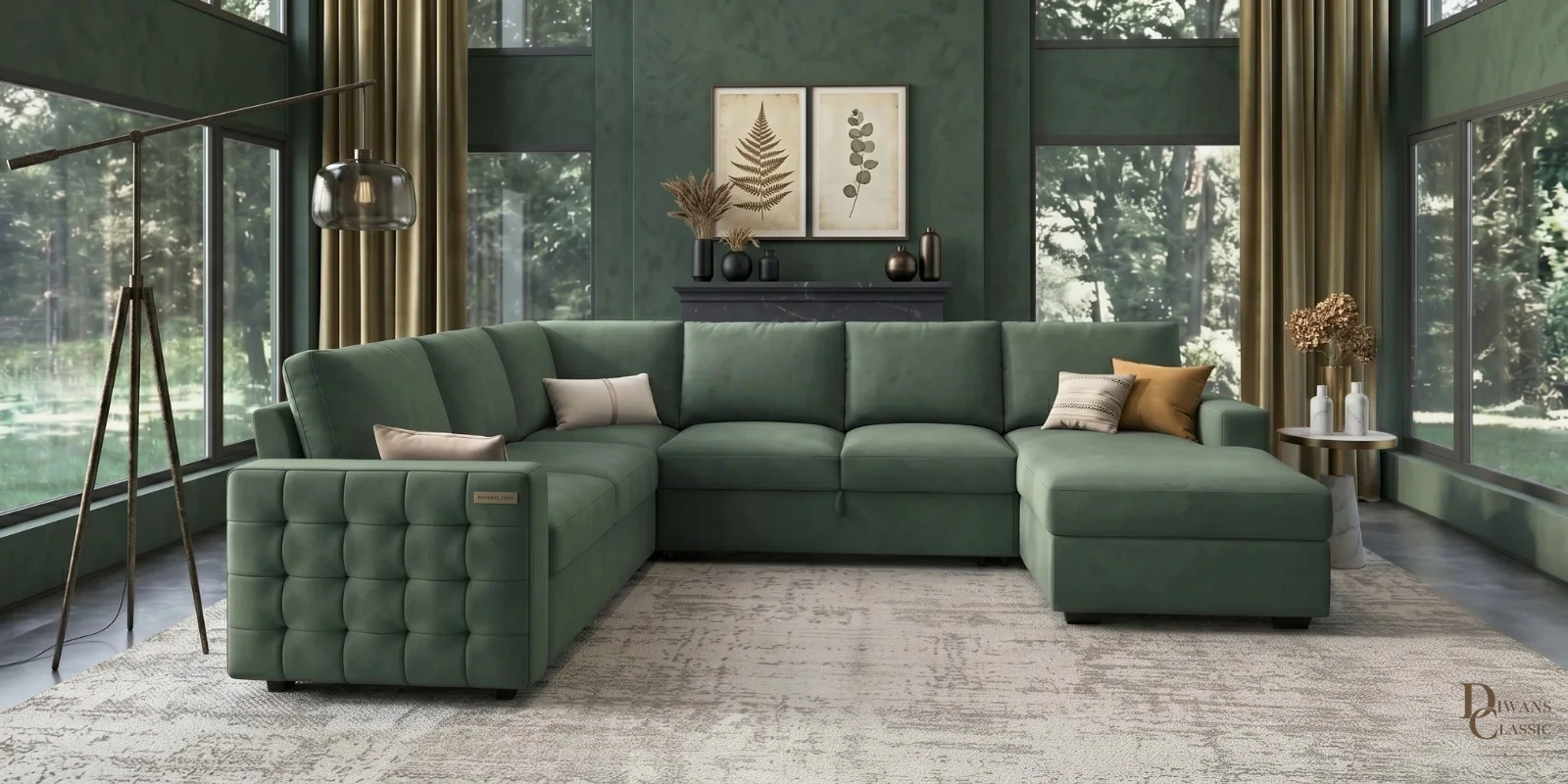 Burj Grande Sectional Sofa In Frosty Green Color — Diwans Classic