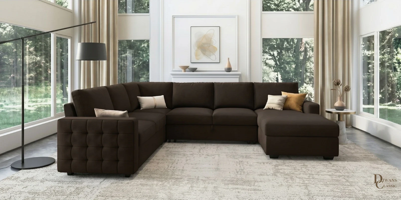 Burj Grande Sectional Sofa In Dark Brown Color — Diwans Classic