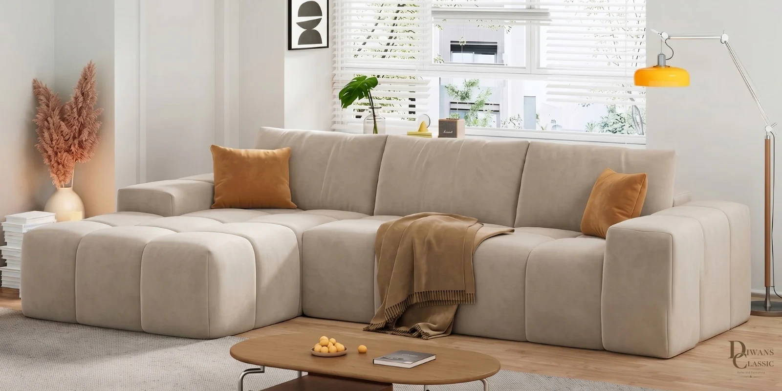 Sahil Premium Sectional Sofa In Beige Color — Diwans Classic