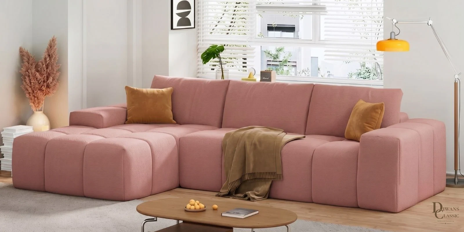 Sahil Premium Sectional Sofa In Blush Pink Color — Diwans Classic
