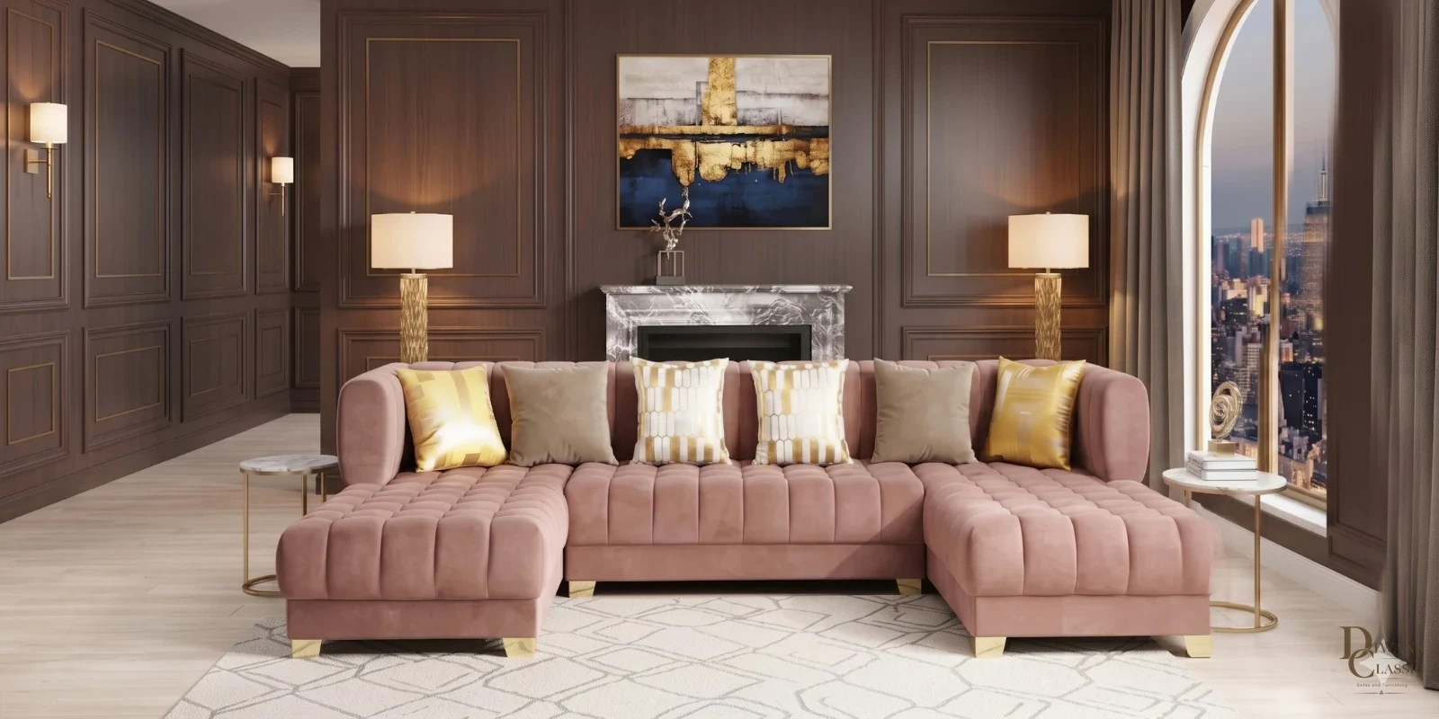 Falak Heritage Sectional Sofa In Blush Pink Color — Diwans Classic
