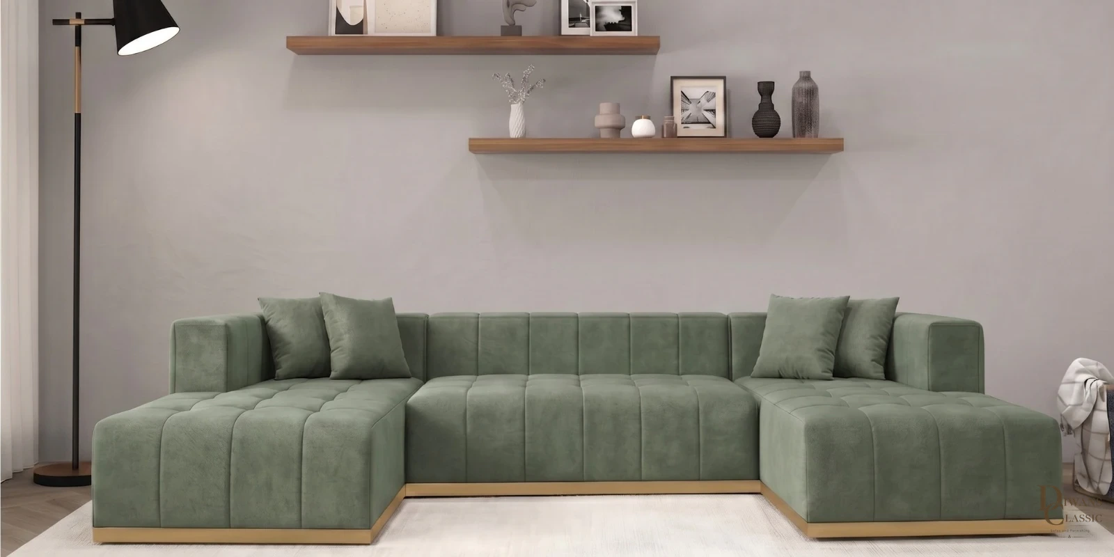 Qamar Signature Corner Sofa In Frosty Green Color — Diwans Classic