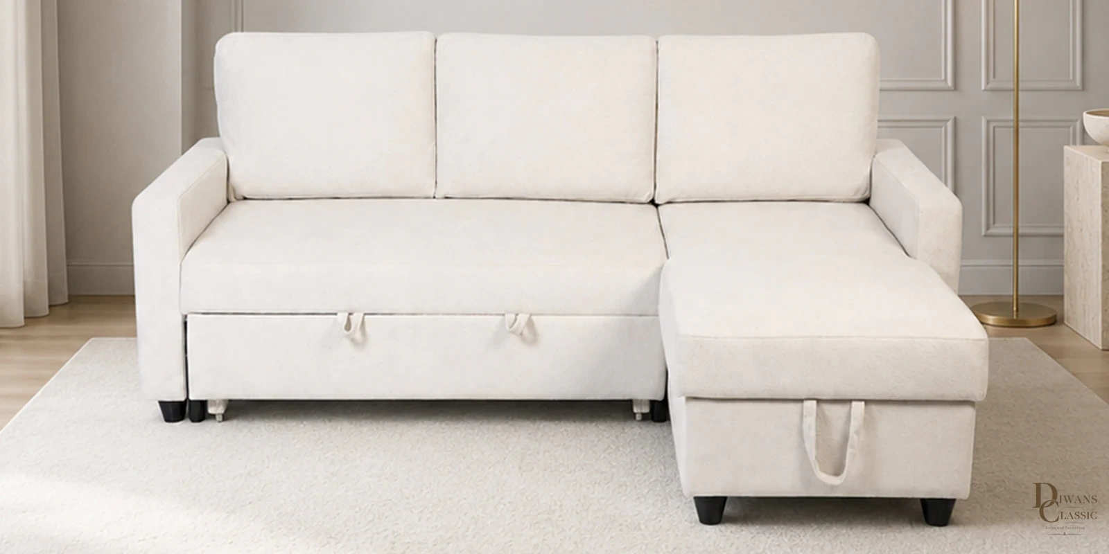 Hamdan Sofa Cum Bed With Storage in Beige Colour — Diwans Classic