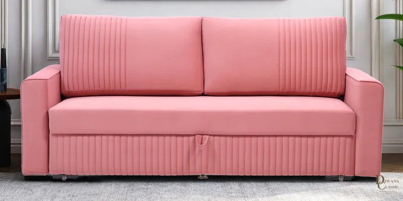 Wafa Velvet Fabric Sofa Cum Bed in Blush Pink Colour With Storage — Diwans Classic