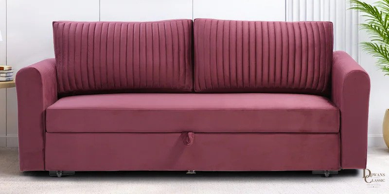 Hila Velvet Fabric Sofa Cum Bed in Wine Red Colour With Storage — Diwans Classic