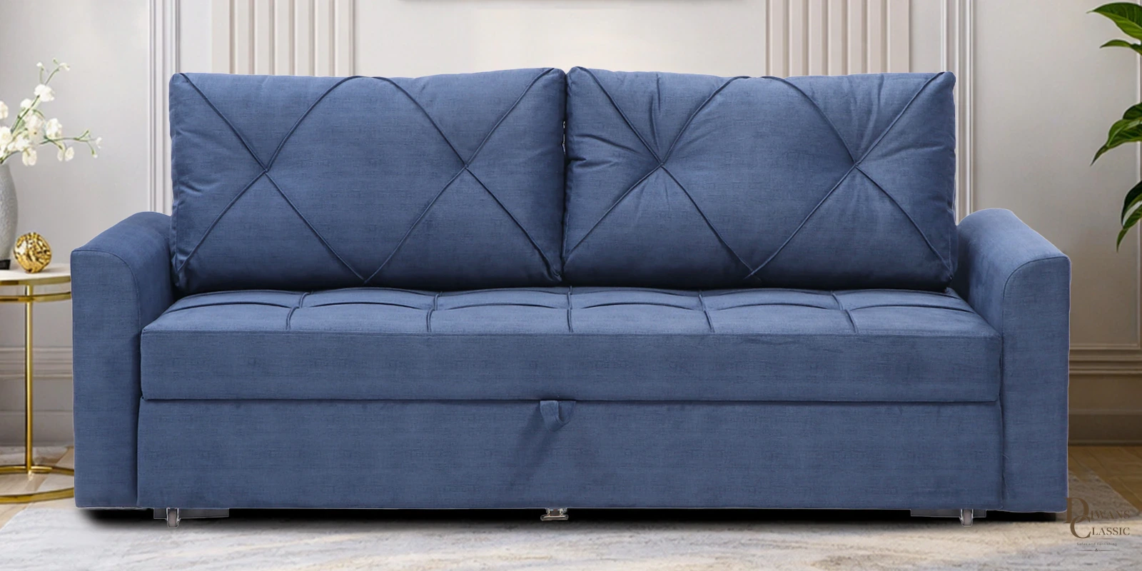 Lamar Velvet Fabric Sofa Cum Bed in Midnight Blue Colour With Storage — Diwans Classic