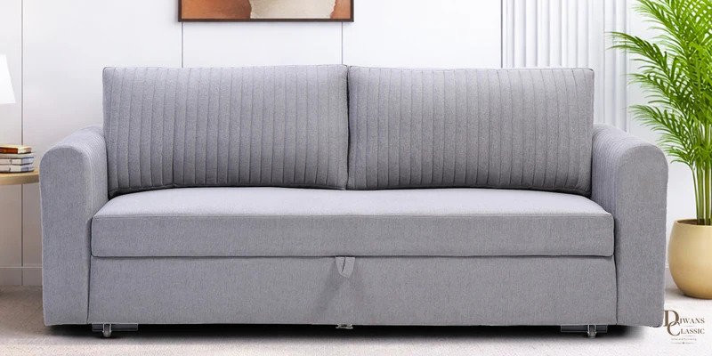 Hila Chenille Fabric Sofa Cum Bed in Ash Grey Colour With Storage — Diwans Classic