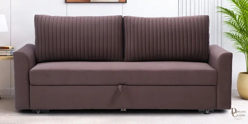 Tamara Velvet Fabric Sofa Cum Bed in Brown Colour With Storage — Diwans Classic