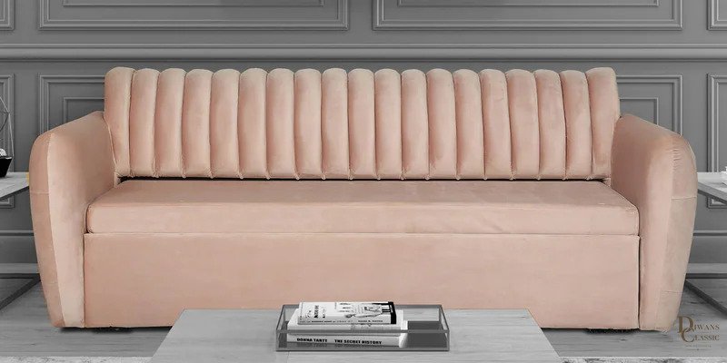 Zara Velvet Pull-Out Sofa Cum Bed in Baby Pink Colour — Diwans Classic
