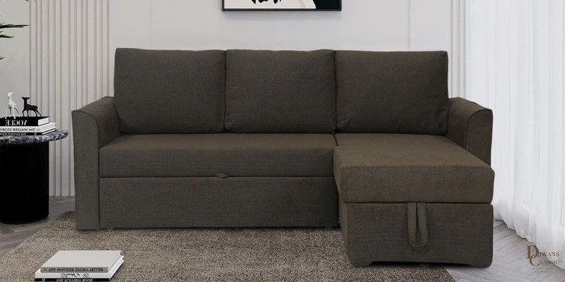 Rashid Fabric LHS Pull Out Sofa Cum Bed In Chestnut Brown Colour With Storage — Diwans Classic