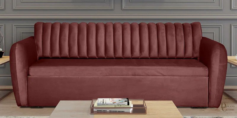 Zara 3 Seater Velvet Pull-Out Sofa Cum Bed In Wine Red Colour — Diwans Classic