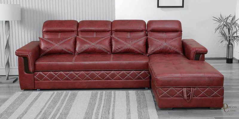 Manzil Leatherette LHS Pull-Out Sofa Cum Bed in Red Colour — Diwans Classic