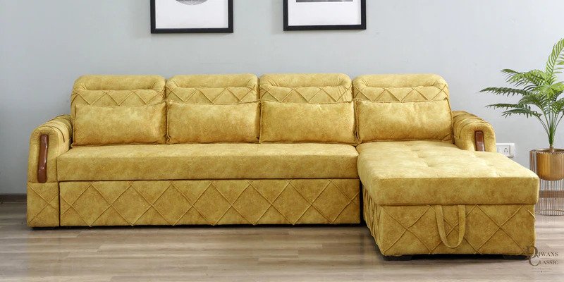 Zahra Velvet Sofa Cum Bed In Yellow Colour — Diwans Classic