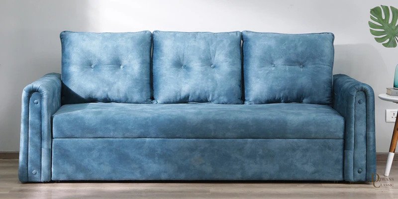 Athar Velvet Sofa Cum Bed In Blue Colour — Diwans Classic