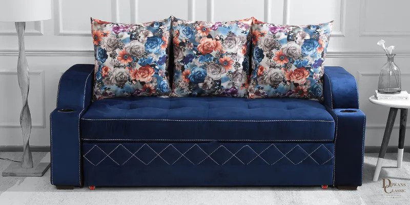 Manzil Velvet Pull-Out Sofa Cum Bed in Blue Colour — Diwans Classic