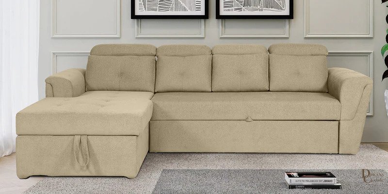 Malika Fabric RHS Sofa Cum Bed in Beige Colour With Storage — Diwans Classic