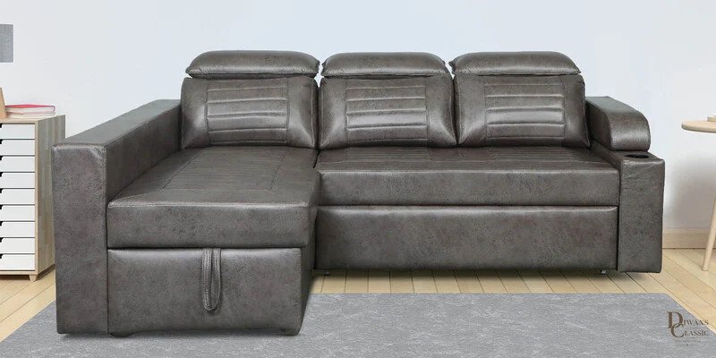 Turan RHS Fabric Pull-Out Sofa Cum Bed in Textured Grey Colour with Storage — Diwans Classic