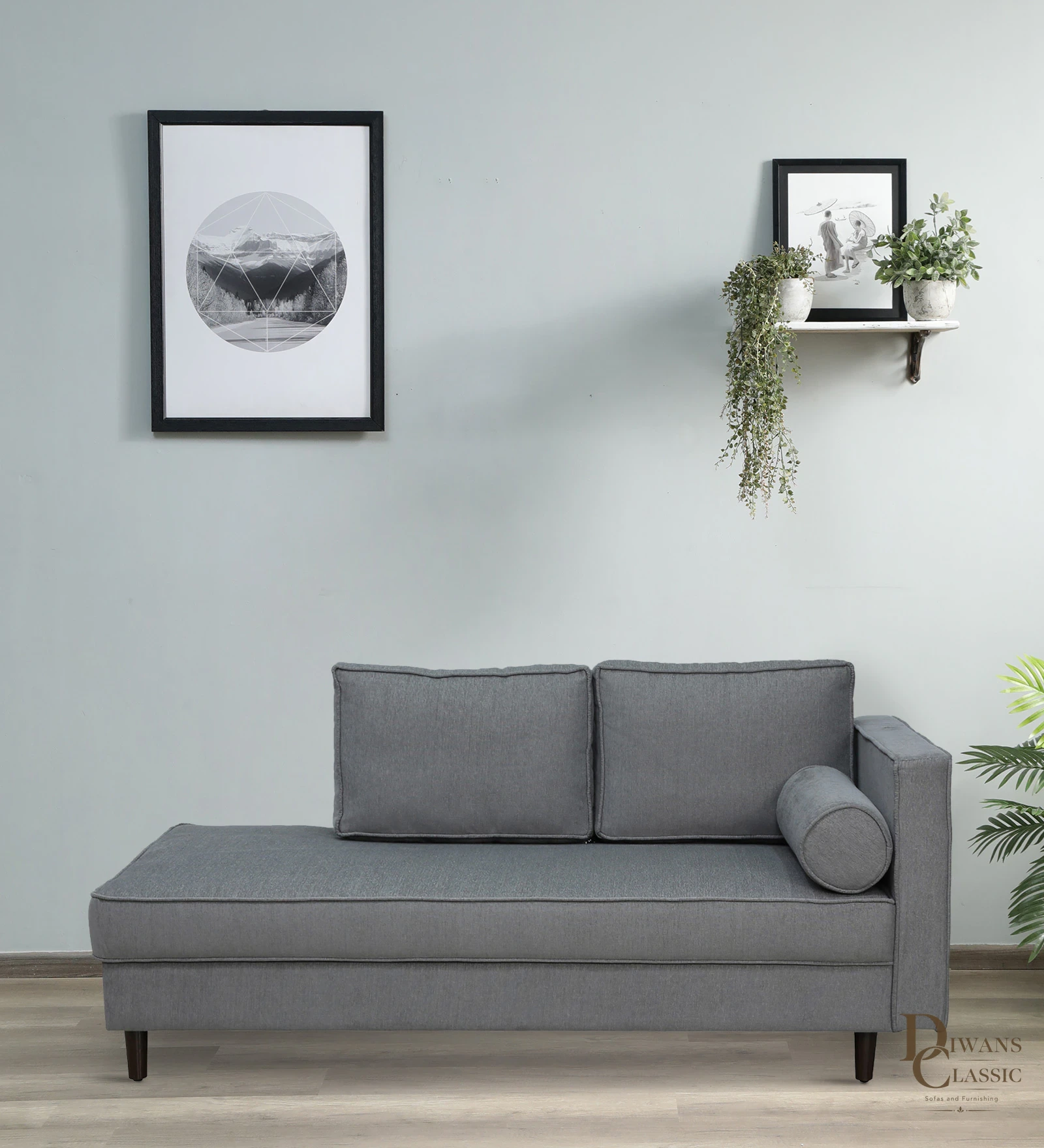 Istiraha Fabric Chaise Lounger in Steel Grey Colour — Diwans Classic
