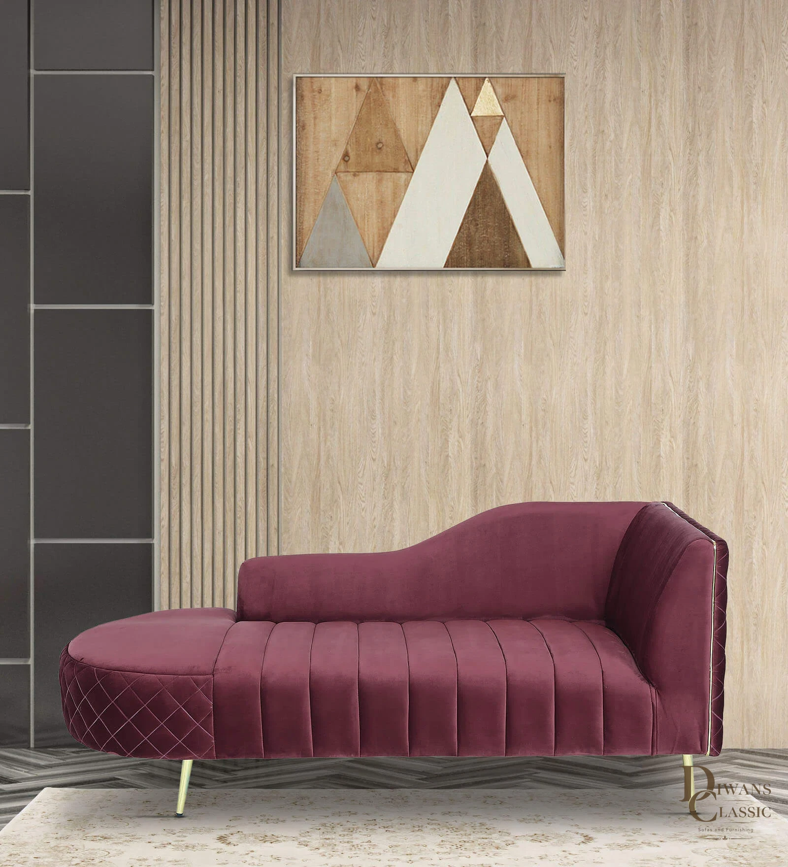 Anar Velvet Chaise Lounger in Wine Red Colour — Diwans Classic