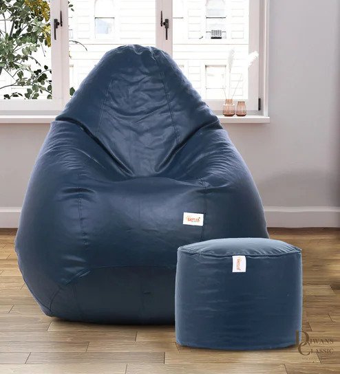 Combo Classic XXXL Leatherette Bean Bag with Beans in Navy Blue Colour with Pouffe — Diwans Classic