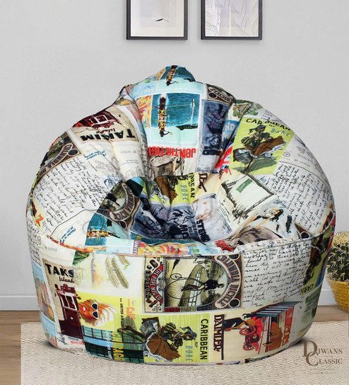 Zahwa Canvas Fabric Bean Bag With Beans in Travel Print Colour — Diwans Classic