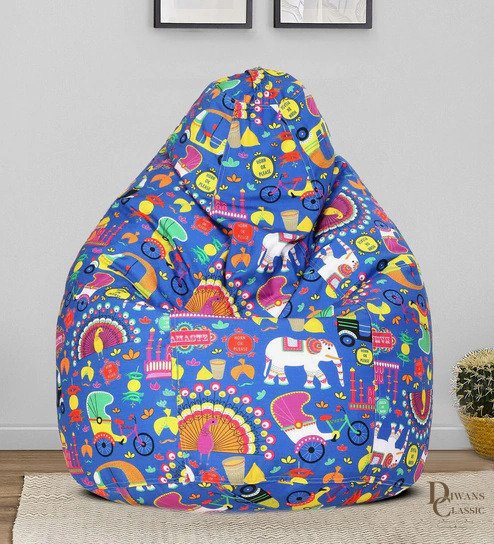 Ahyaa Desi Print XXXL Fabric Bean Bag with Beans in Blue Indian Colour — Diwans Classic