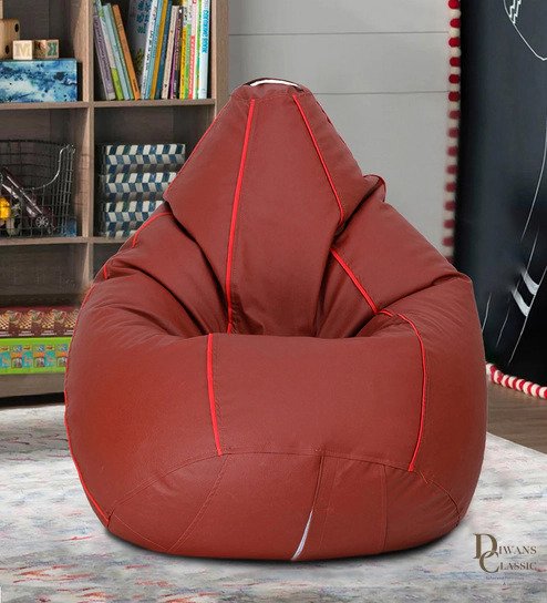 Raha XXXL Bean Bag with Beans in Tan Colour with Red Piping — Diwans Classic