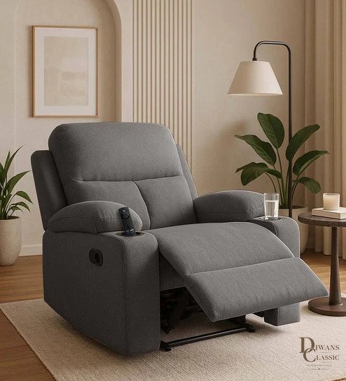 Saif Fabric 1 Seater Manual Recliner in Charcoal Grey Colour — Diwans Classic