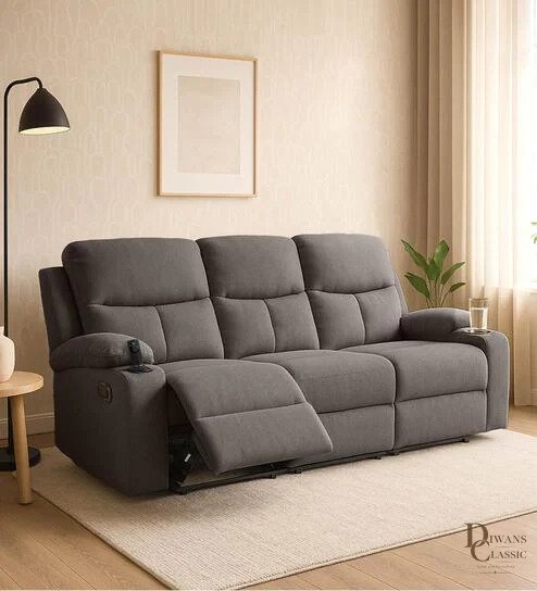 Saif Fabric 3 Seater Manual Recliner in Brown & Grey Colour — Diwans Classic