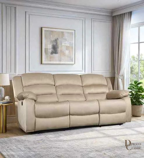 Sakan Fabric 3 Seater Motorised Recliner In Beige Colour — Diwans Classic