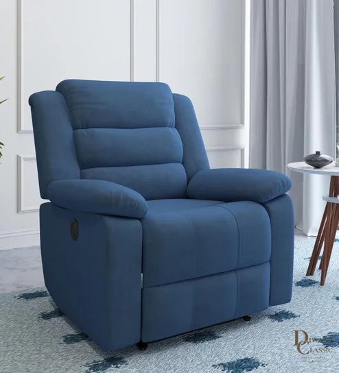 Qimma Velvet 1 Seater Motorised Recliner With Usb Charging In Blue Color — Diwans Classic