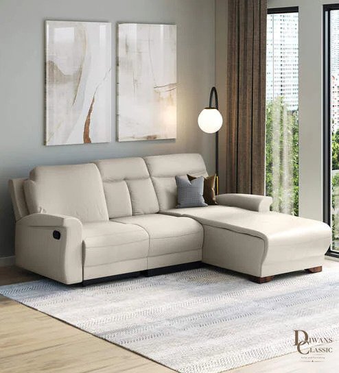 Faras Leatherette L Shape Recliner Sofa In Beige Colour — Diwans Classic