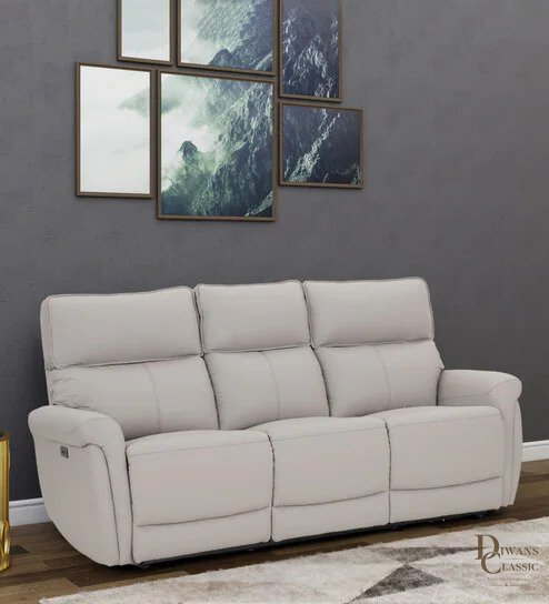 Leila Half Leather Motorised 3 Seater Recliner with USB Port In Grey Colour — Diwans Classic