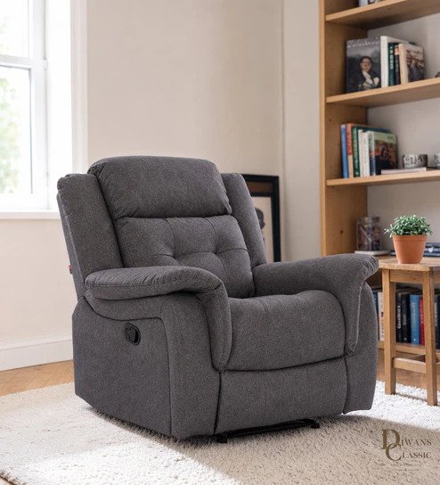 Hayat Manual Recliner Chair 1 Seater Sofa In Blue Color — Diwans Classic