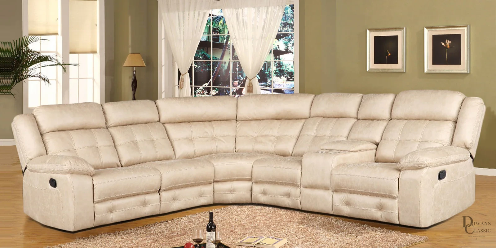 Rayyan Fabric Lounger With 2 Manual Recliner in Beige Colour — Diwans Classic