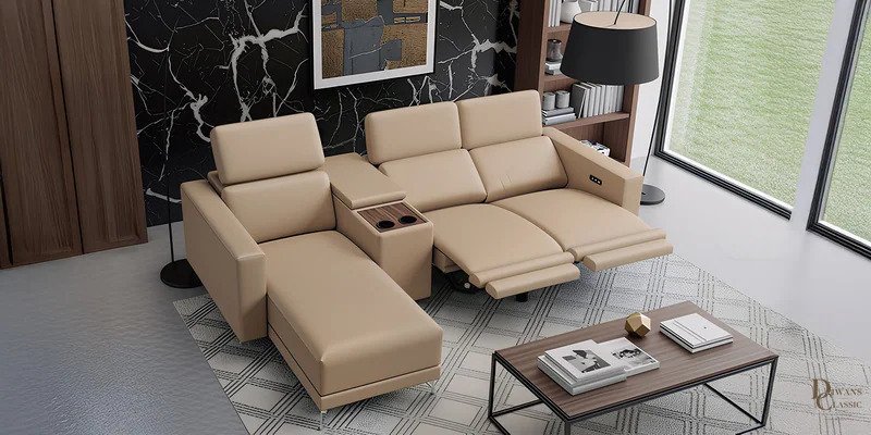 Raghd Leatherette Two Seater Recliner with Ajustable Headrest, Console and Lounger in Cream Clour — Diwans Classic