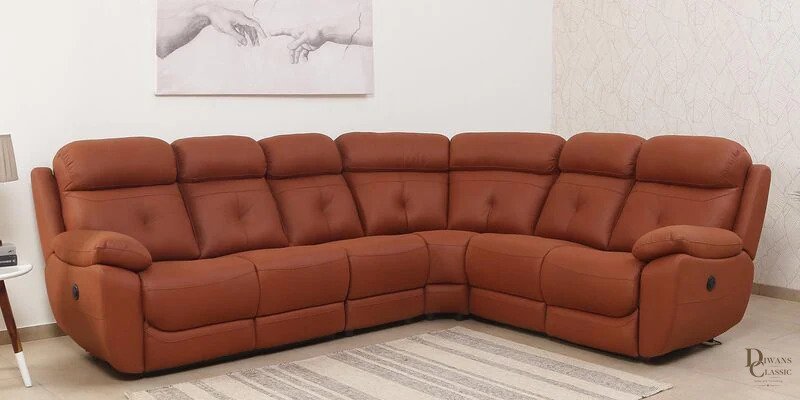 Kamal Fabric Motorized Recliner Corner Sofa In Brown Finish — Diwans Classic