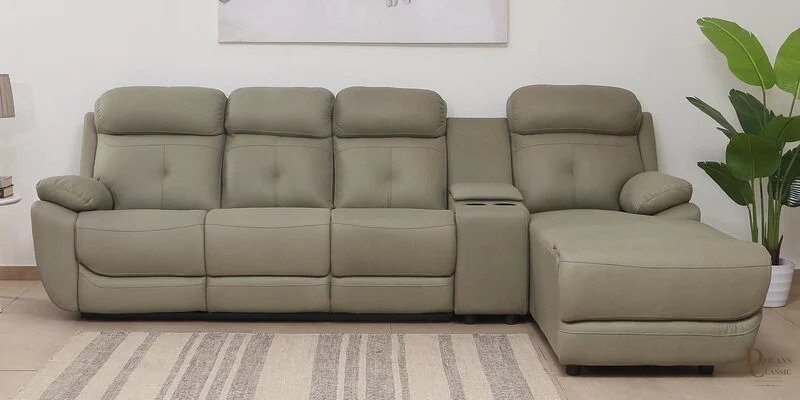 Kamal Fabric Motorized Recliner Corner Sofa In Olive Finish With Storage Box — Diwans Classic