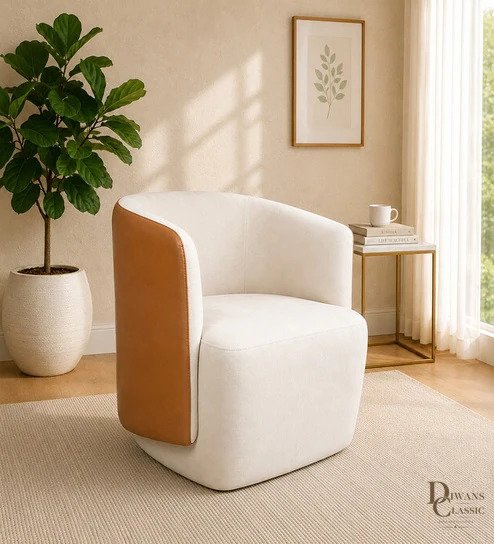 Suhaila Velvet Swivel Barrel Chair in Off White and Brown Colour — Diwans Classic