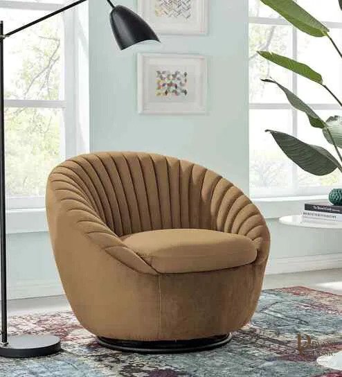 Amine Velvet Fabric Revolving Barrel Chair In Blue Colour — Diwans Classic