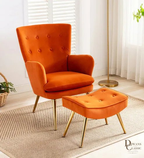 Fakhir Velvet Lounge Chair In Grey Colour With Foot Stool — Diwans Classic