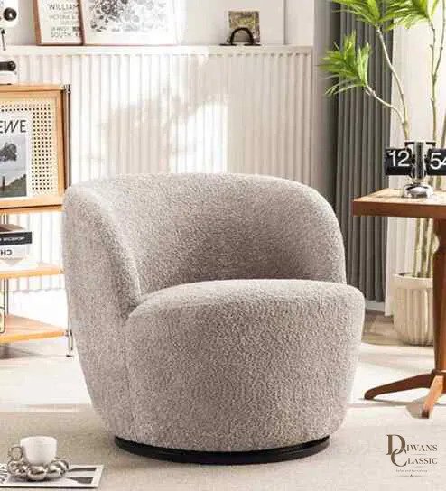 Farid Boucle Barrel Revolving Chair In Grey Chair — Diwans Classic
