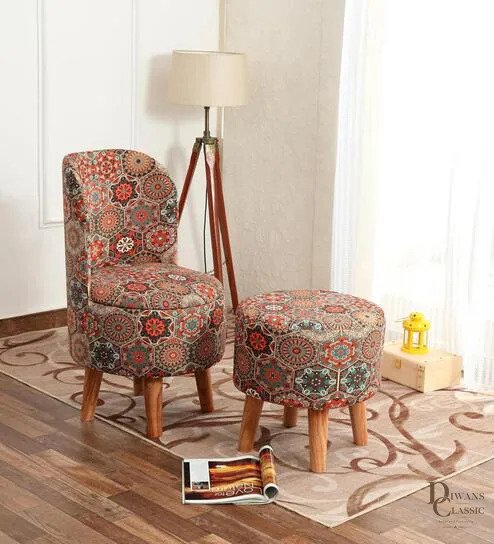 Beige & Red Texture Printed Chair & Stool — Diwans Classic