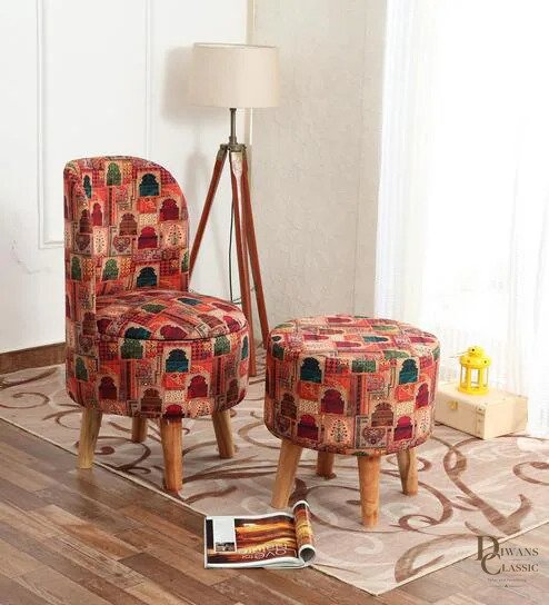 Beige & Red Printed Wooden & Velvet Chair and Stool — Diwans Classic